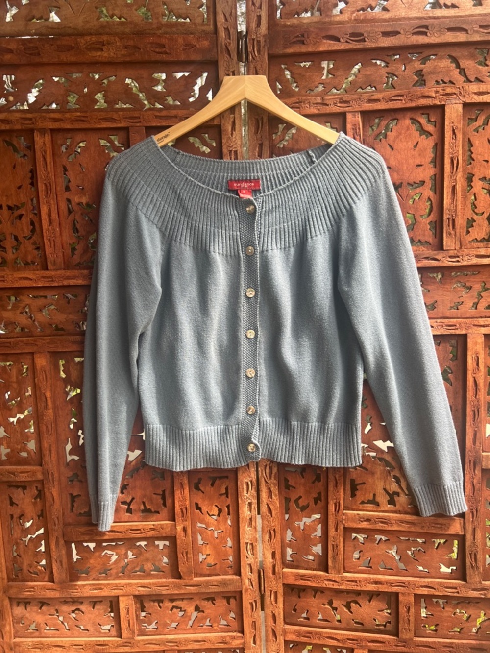 Sundance Blue Cashmere Cotton Blend Ribbed Yoke Button Cardigan